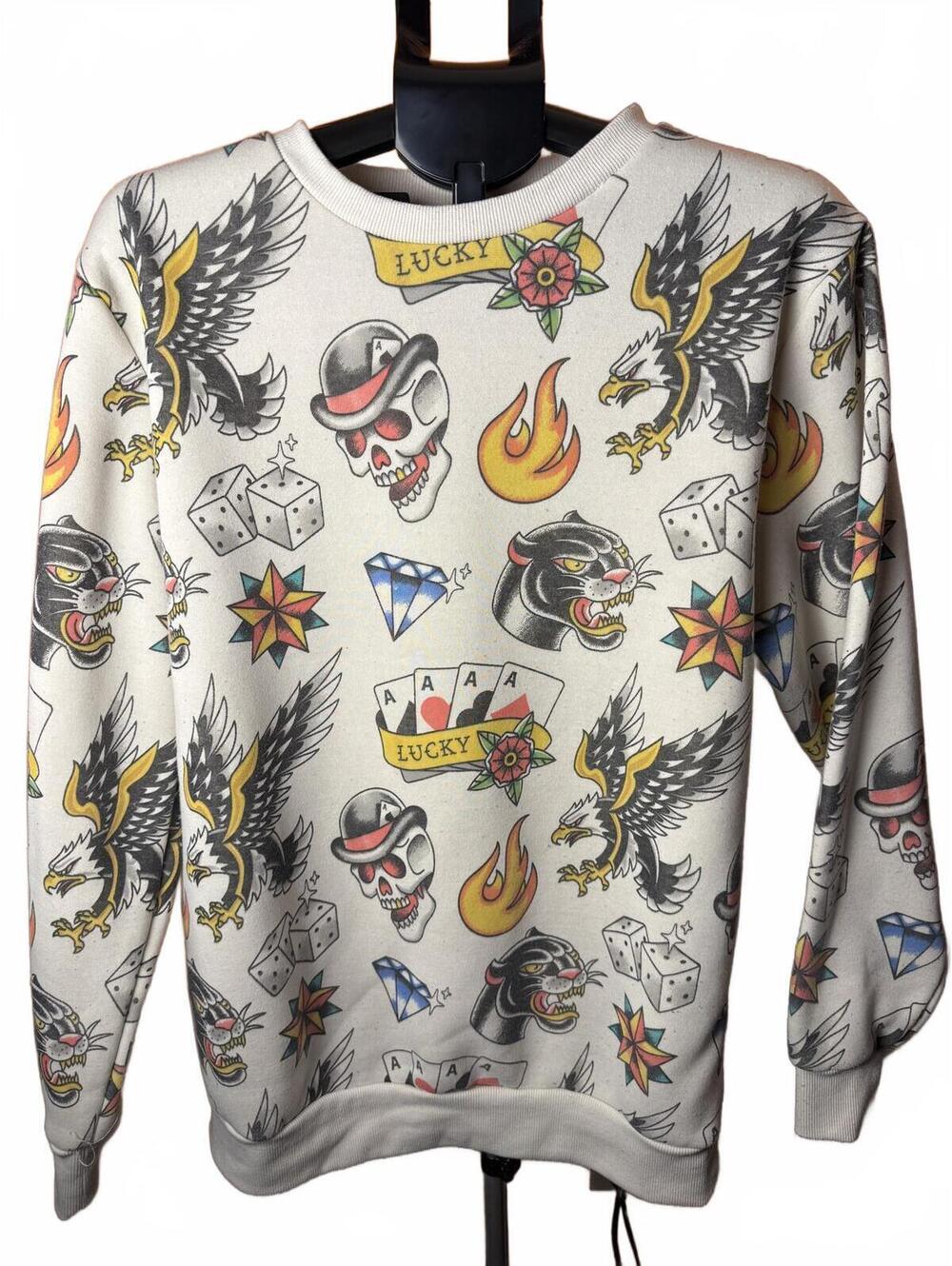 Rebel Vengeance Tattoo Style Graphic Sweatshirt w Lucky Symbols ALL OVER sz XL
